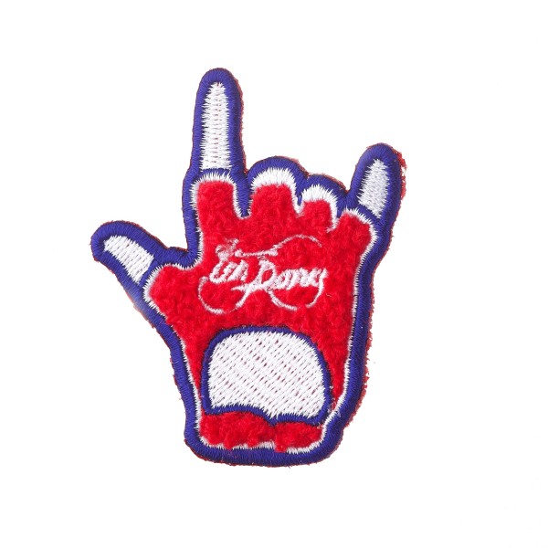 A patch of a hand wearing a red glove. The hand is doing the devil horns sign!