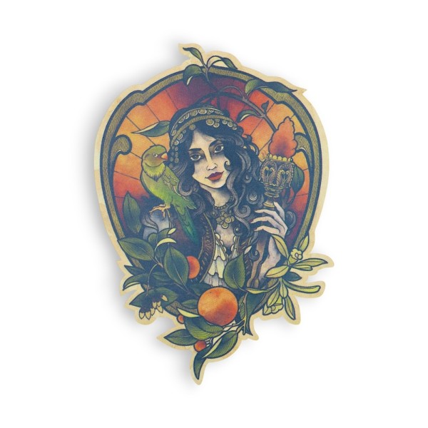 Custom temporary tattoo with detailed vintage-style illustration of a woman holding a fruit, surrounded by leaves, oranges and a green bird, with warm stained-glass style background colours.