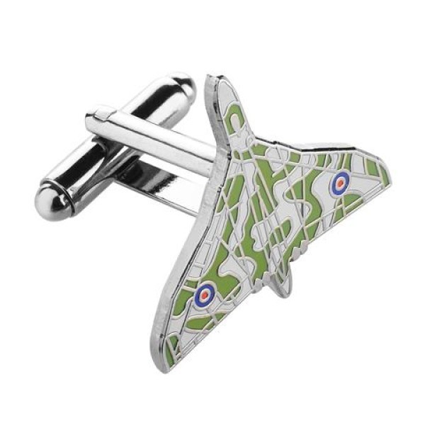 An enamel cufflink in the shape of a military fighter jet.