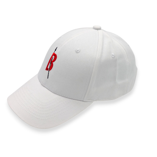 A white custom baseball cap with the Beefeater Gin logo embroidered on to the front.