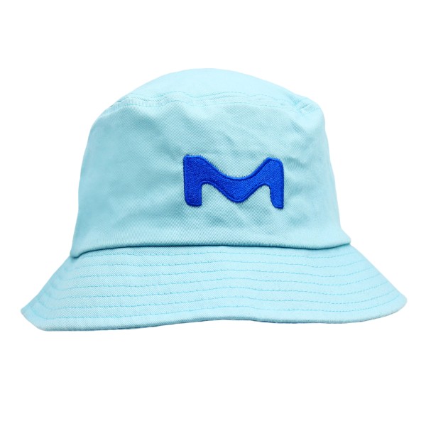 A pale blue custom bucket hat hat features a large embroidered 'M' logo.