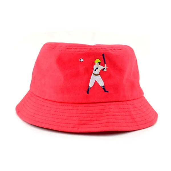 A custom red bucket hat with a baseball player embroidered onto the front.
