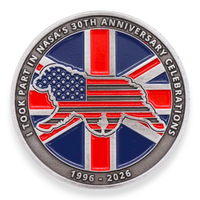 NASA anniversary themed custom challenge coin with US and UK flag design, detailed enamel example of double-sided coins.