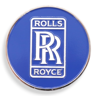 Close up blue enamel custom challenge coin with Rolls Royce style monogram design, example of detailed double-sided coins.