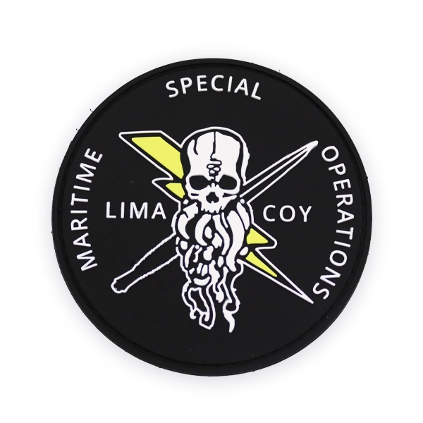 Round black PVC military patch featuring a skull with octopus tentacles, crossed weapons and yellow lightning bolts, with “Maritime Special Operations” and “Lima Coy” text, designed as a durable rubber patch for tactical or military use.