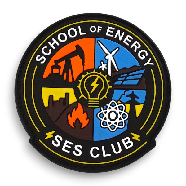 Custom PVC patch created for the School of Energy SES Club, featuring industrial, renewable energy and scientific themed artwork.