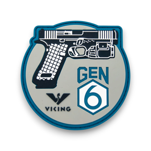 Customisable PVC patch featuring a detailed pistol graphic and Viking branding with raised moulded rubber construction.