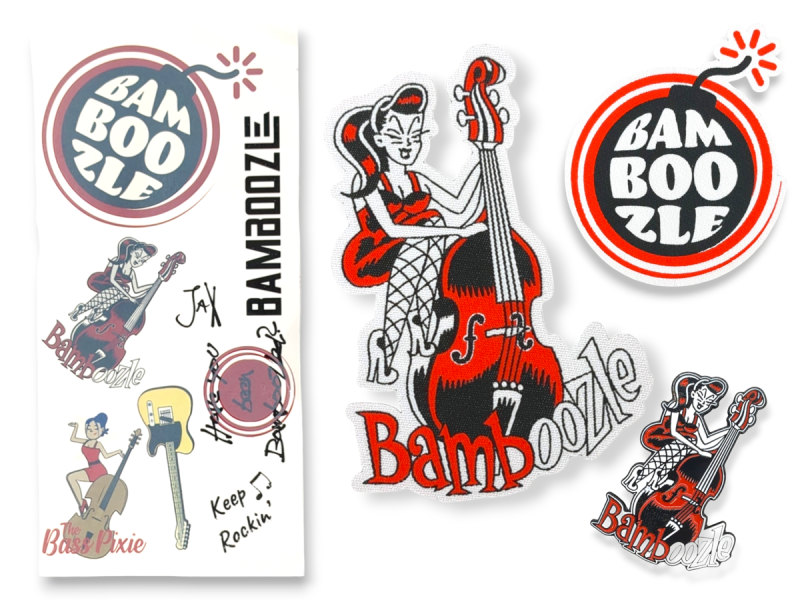 A collection of Bamboozle band merch. Tattoos, patches and a pin badge.