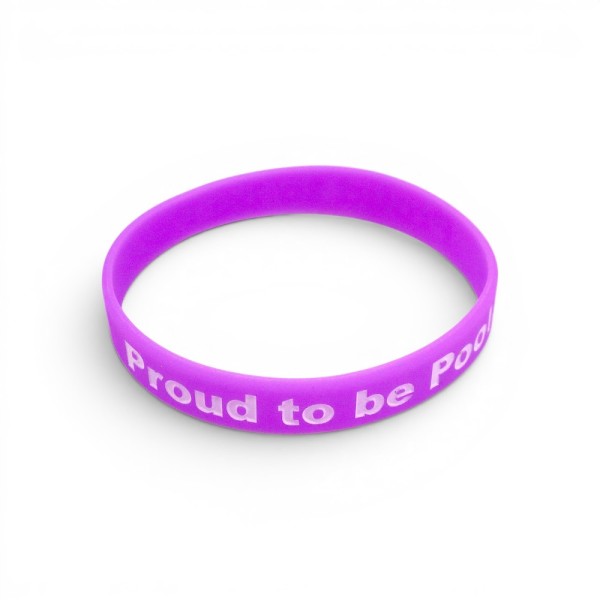 Custom silicone wristband in solid purple with debossed white text reading “Proud to be Poole”, soft-touch rubber awareness or community support band.