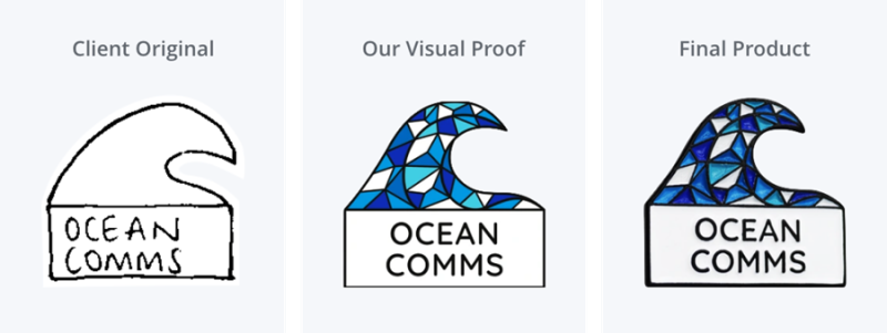 Simple sketch transformed into clean enamel pin visual proof and final product showing structured badge design process.