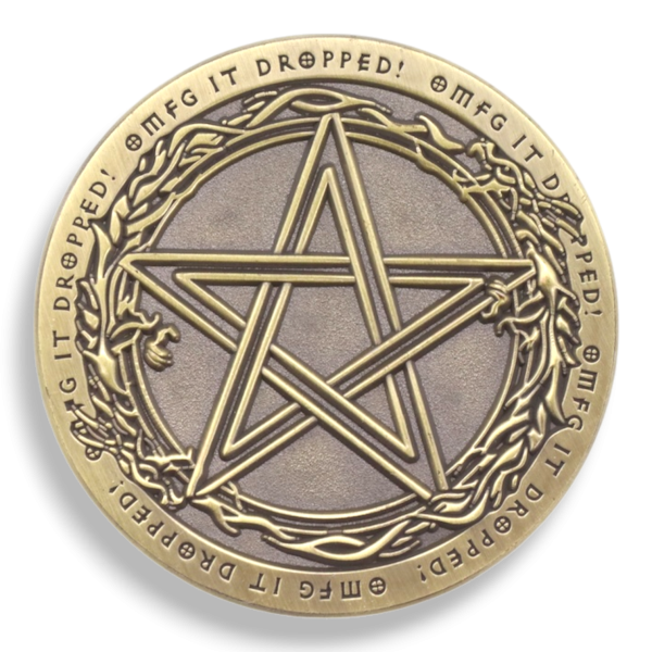 Antique gold custom challenge coin with pentagram symbol and engraved border text, example of premium double-sided coins.