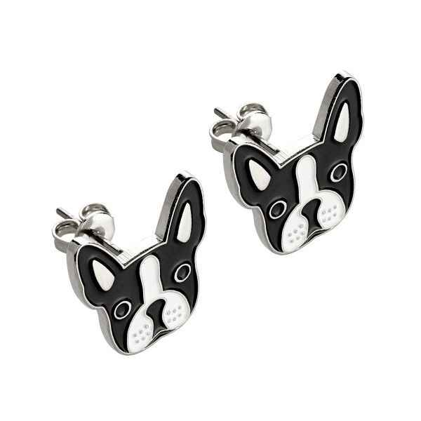 A pair of French bulldog enamel earrings. The dogs face is black and white enamel.