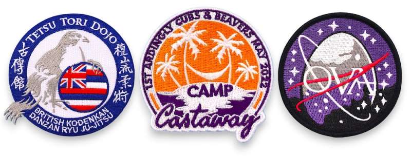 Various embroidered patches used for clubs, events and organisations including martial arts, camps and branded designs.