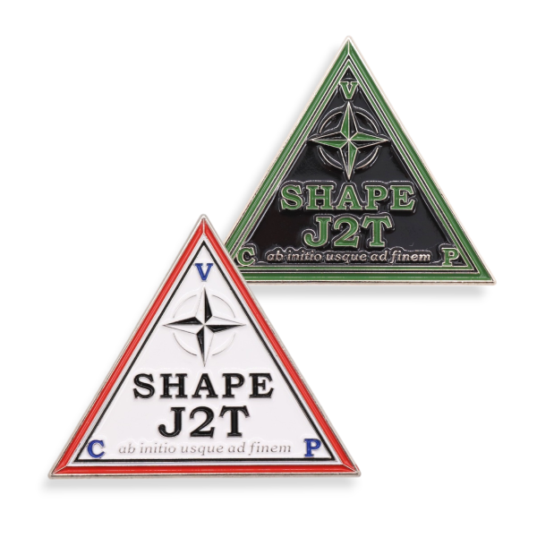 Triangle shaped double-sided challenge coin with compass graphic and text detailing, example of custom enamel pins for organisations.
