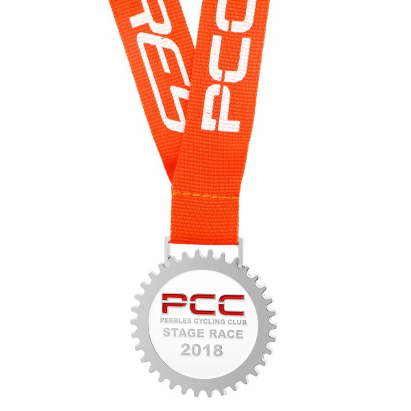 A soft enamel custom sports medal for the Peebles Cycling Club featuring an orange ribbon.