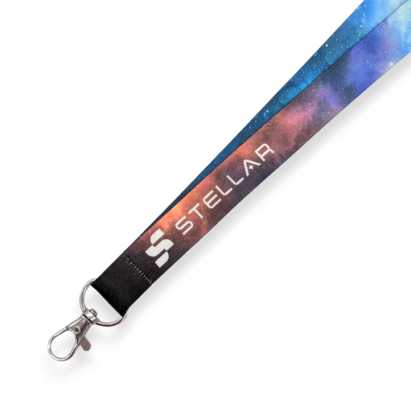 A branded express lanyard with a galaxy-style colour scheme and the word