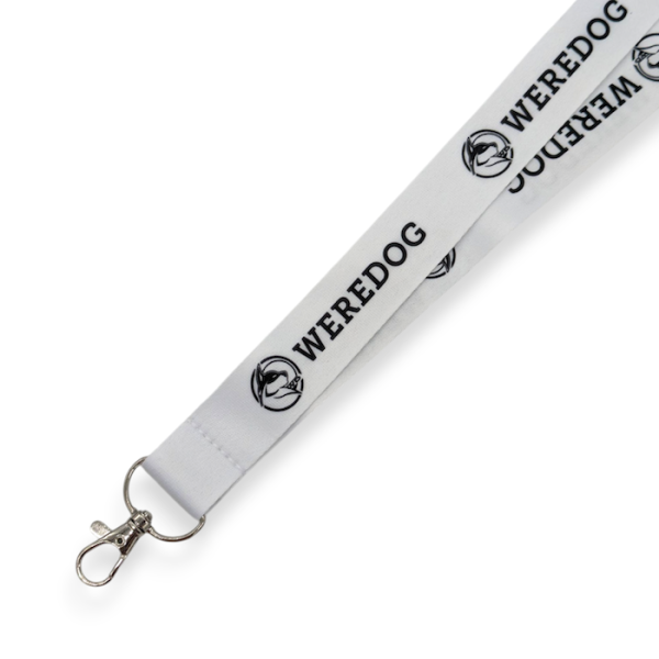 A white express custom lanyard with the black branding of the Weredog company.