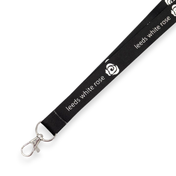 A black express custom lanyard with the white branding of