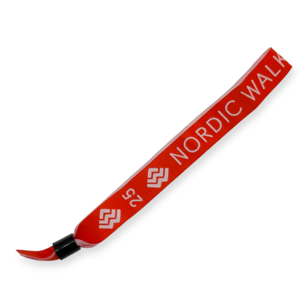 A red fabric wristband wristband with white text that says