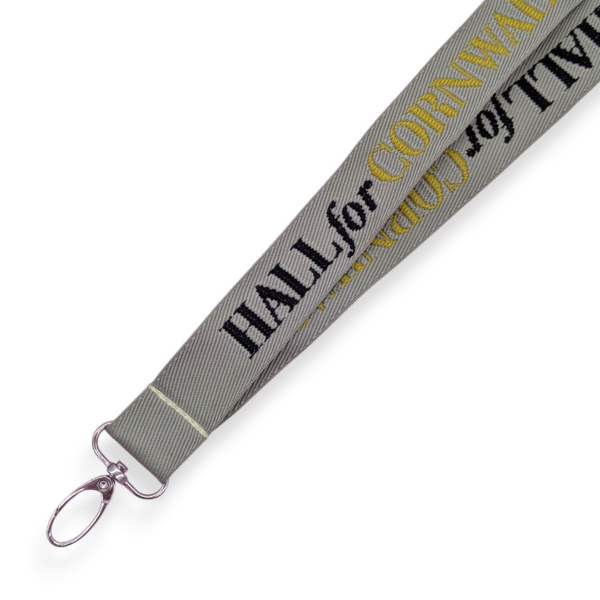 A beige woven lanyard with a branded
