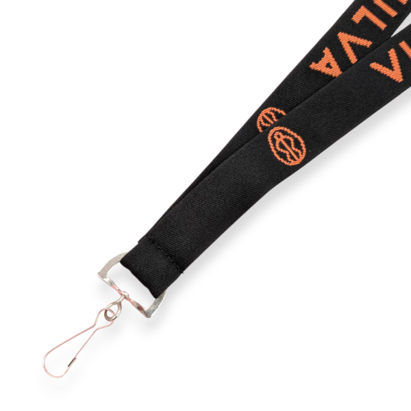 A black woven lanyard with orange Vulva Gallery branding.