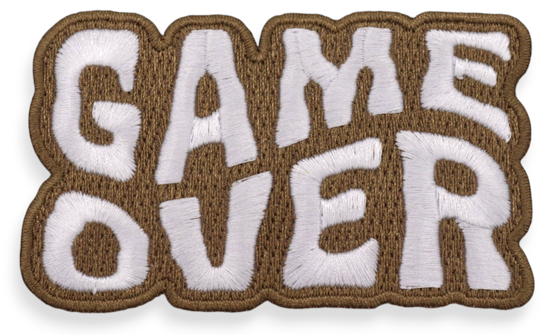 Game Over embroidered patch in white text on brown background for gaming merch.