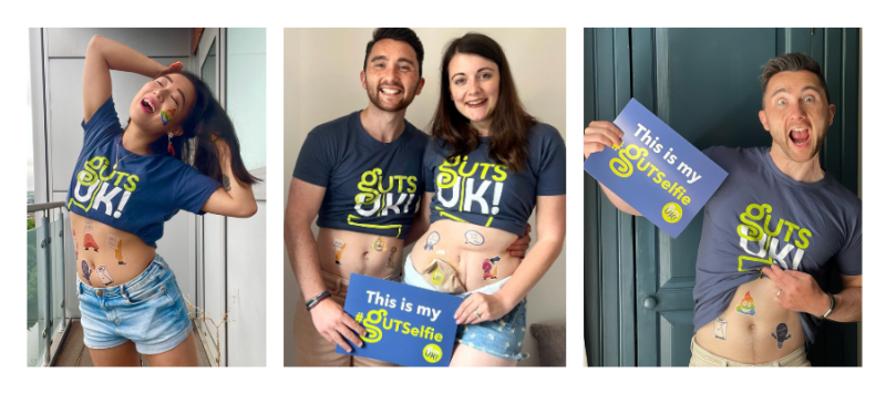 A collage of four people taking part in the Guts UK charity selfie promotion by wearing Guts UK t-shirts and temporary tattoos on their stomachs.