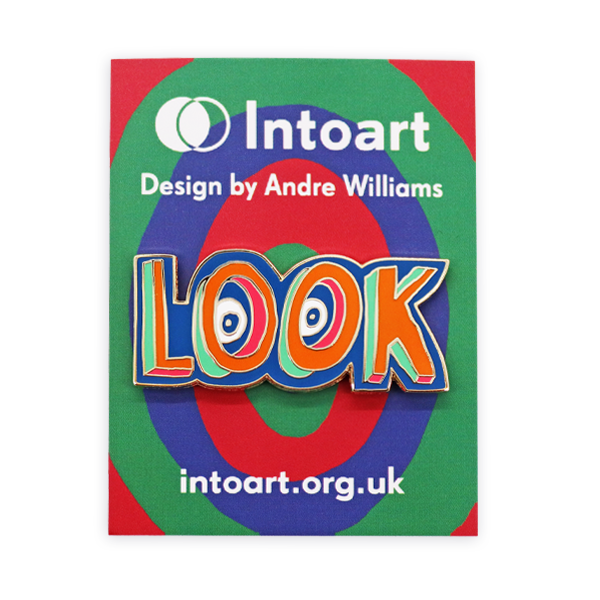 Hard enamel pin badge featuring the word “LOOK” in bold, colourful lettering, displayed on an Intoart backing card designed by Andre Williams, highlighting smooth enamel finish and clean metal edges.