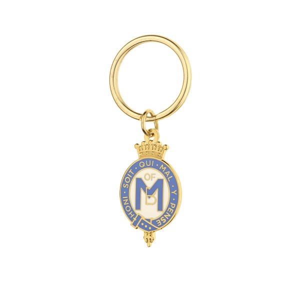 A blue and white enamel keyring featuring a masonic design.
