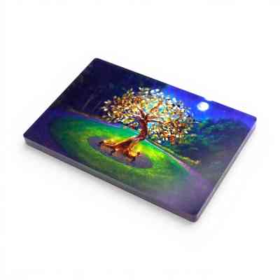 Custom acrylic printed fridge magnet featuring a glowing tree with illuminated roots and golden leaves, set on a green hill under a night sky with bright moon and vibrant blue and purple tones.