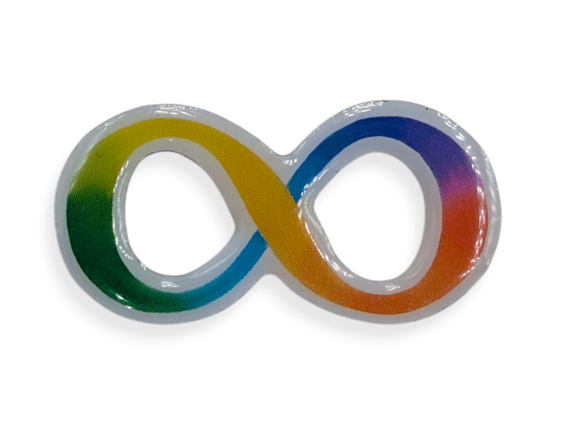 The neurodivergent infinity symbol pin badge in all the colours of the spectrum