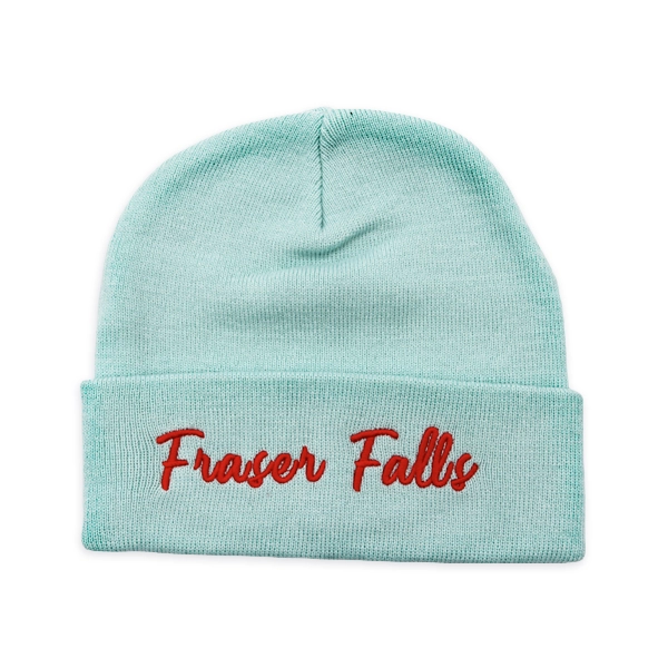 Custom beanie hat with embroidered Fraser Falls text on a light blue cuffed beanie, showing personalised embroidery options for custom beanies.