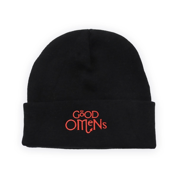 Custom beanie hat featuring embroidered Good Omens text on a black cuffed beanie, showing how custom beanies can be branded with stitched logos.