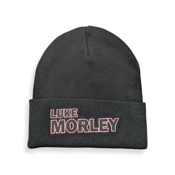 Black custom beanie with pink embroidered logo for Luke Morley's tour.