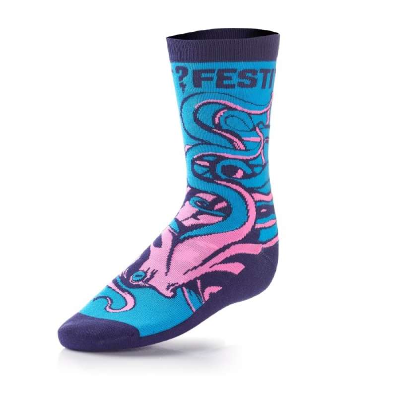 Some beautiful colour pink, blue, and navy socks with a tentacle-haired demon on them.