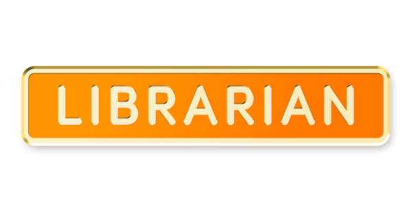A rectangular librarian badge with gold plating and a vibrant orange background.