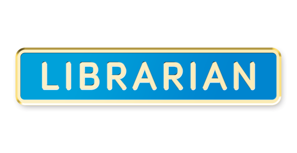 A blue librarian bar badge for schools and libraries.