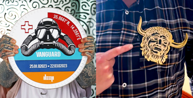 Two oversized custom products being held and worn, demonstrating how extremely large pin badge sizes look in real life.