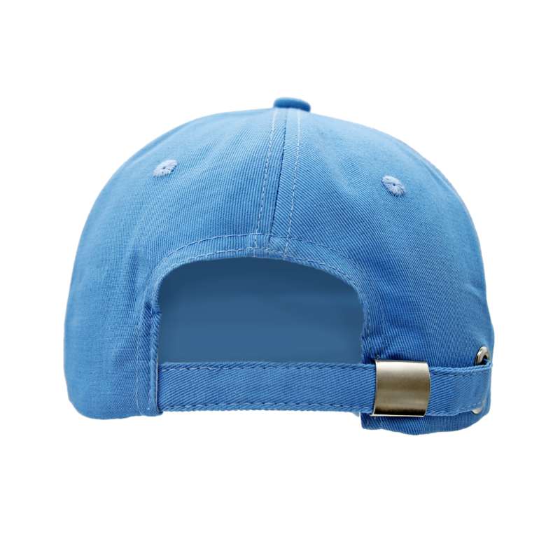 A metal closure of a custom light blue baseball cap.