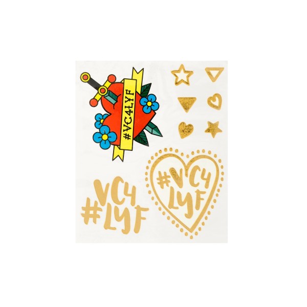 A sheet of metallic temp tattoos featuring love hearts that look like traditional tattoos and golden lettering.