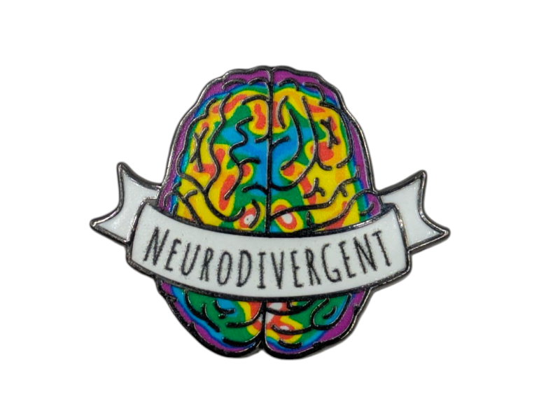 A pin badge in the shape of a brain. The brain show the lit up sections of the brain as it were under a scanner. There is a banner across the brain that says