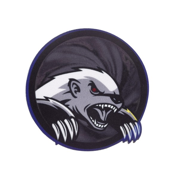 A black printed cloth badge with an angry badger with red eyes.