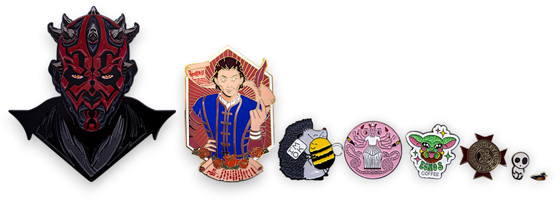 Custom enamel pin badges arranged from very large to tiny, providing a visual guide to different enamel pin badge sizes.