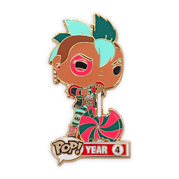 Premium hard enamel pin badge showing a stylised Funko pop character figure with bold colours and gold metal edging, designed with a smooth enamel finish for a high quality collectible pin badge.