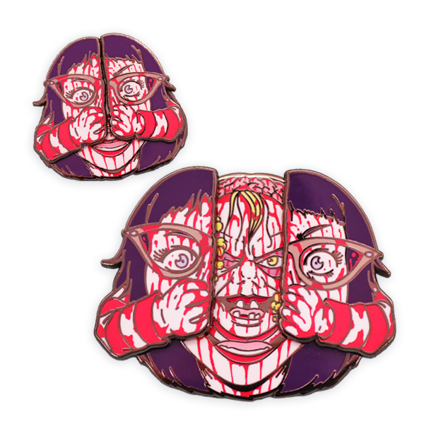 Premium hard enamel pin badges showing a bold illustrated face design with moving parts for a novelty pop-culture pin with smooth enamel surfaces and precise metal outlines.