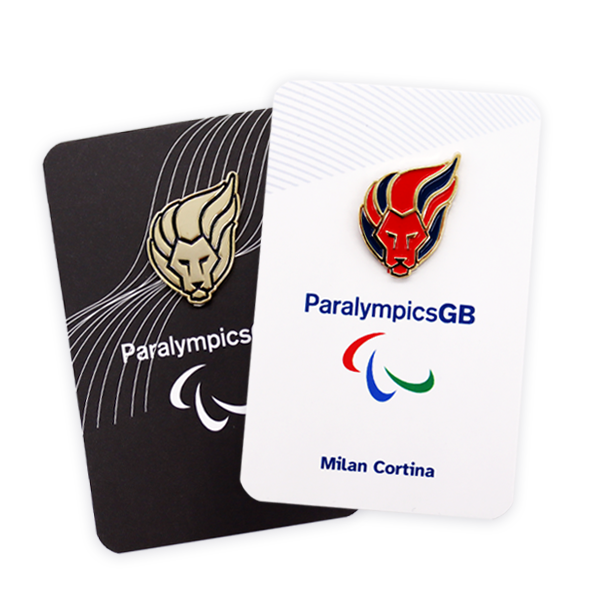 Premium soft enamel badges with ParalympicsGB lion pin, high quality enamel pin badges displayed on branded backing cards