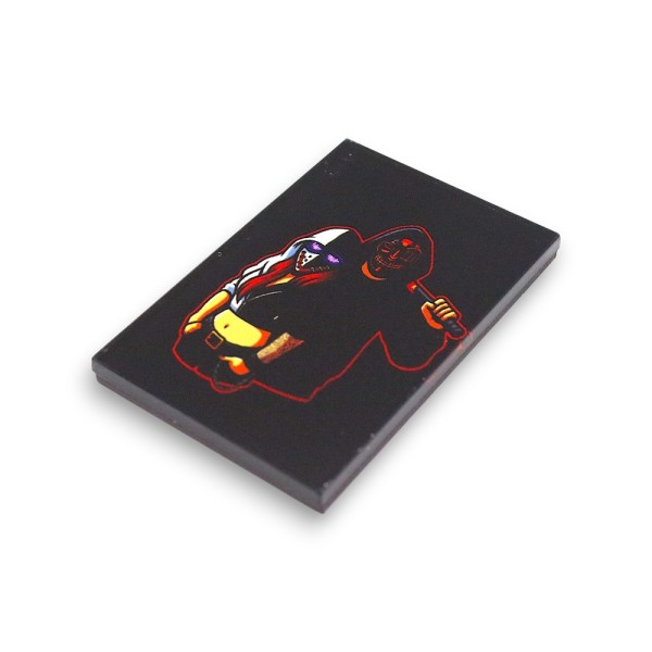 Custom acrylic printed fridge magnet with dark background featuring illustrated masked character holding a weapon, bold red outline and high-contrast neon-style artwork.