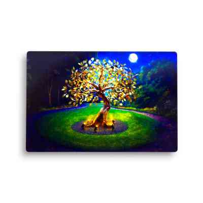Printed acrylic fridge magnet featuring a glowing illustrated tree in a moonlit landscape with rich blue and green tones.