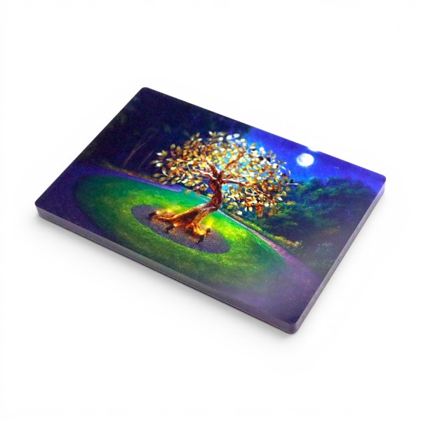 Custom acrylic printed fridge magnet featuring a glowing tree with illuminated roots and golden leaves, set on a green hill under a night sky with bright moon and vibrant blue and purple tones.
