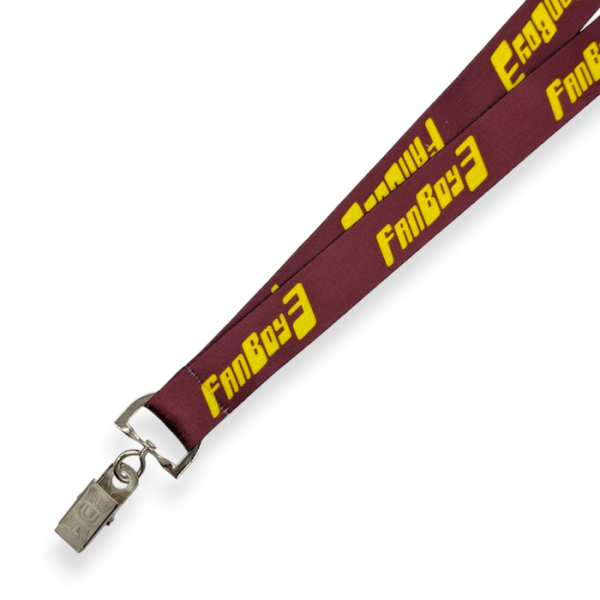 A burgundy printed lanyard with yellow text that reads